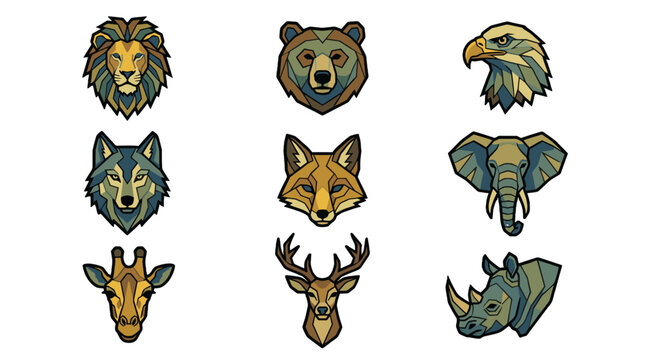 Geometric wild animal head icon set in polygonal vector style