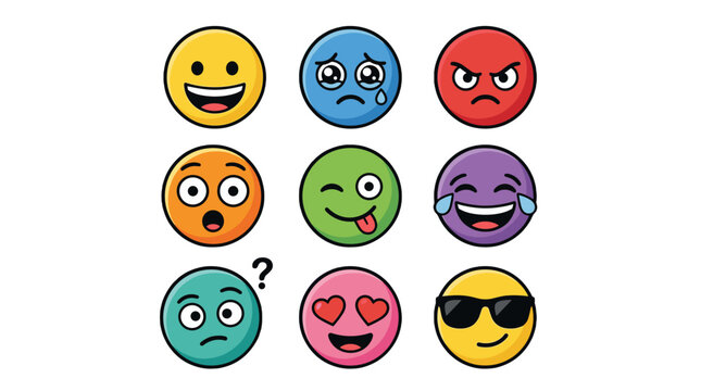 Set of colorful cartoon emoji faces with different expressions