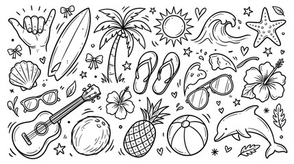Fototapeta premium Hand-drawn collection of summer beach vacation elements in a playful doodle style, isolated on a clean white background