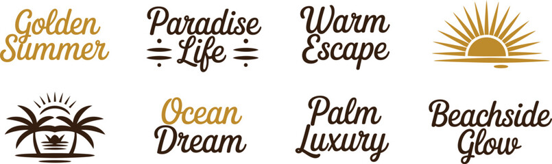 Golden summer and paradise life designs with sun and palm trees, depicting warm escape, ocean dream, and beachside glow themes. © Sanjida