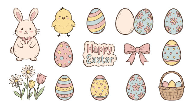 Hand drawn Easter icon set with bunny chick eggs and flowers