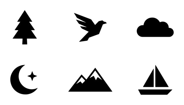 Minimalist nature icons set, black silhouette outdoor symbols, 6 vector elements for logo design