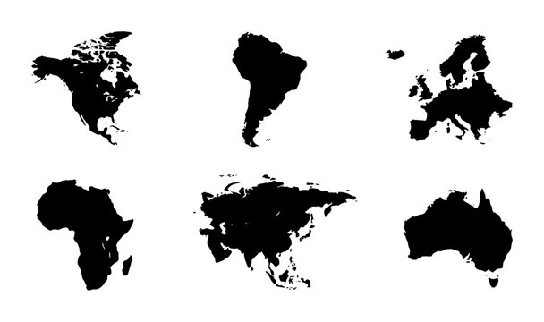 World map continent silhouettes, 6 black vector icons of global landmasses, earth geography set