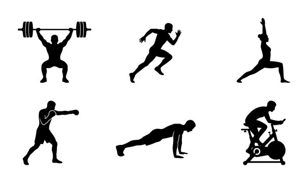 Fitness Silhouette Icons: Weightlifting, Running, Yoga, Boxing, Plank, Cycling
