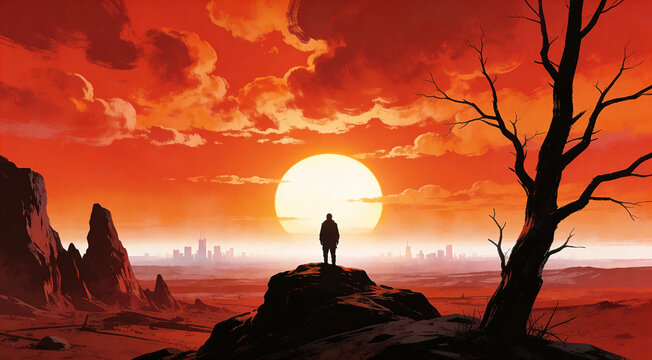Silhouette of Man Watching Sunset in Desert Landscape