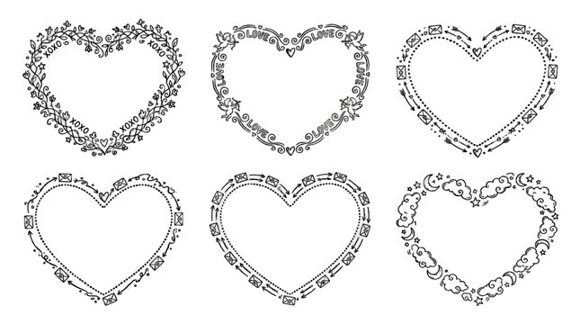 Set of hand drawn heart frames with playful doodle borders