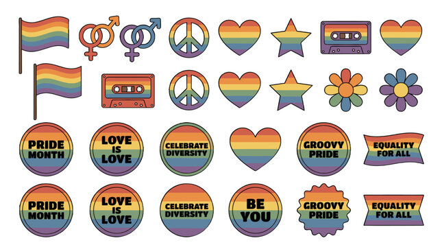Rainbow pride symbol set with flags, hearts, badges and icons
