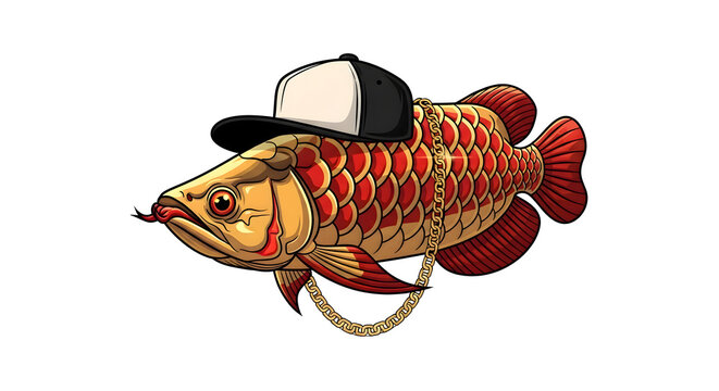 Cartoon koi fish wearing snapback hat and gold chain on white background