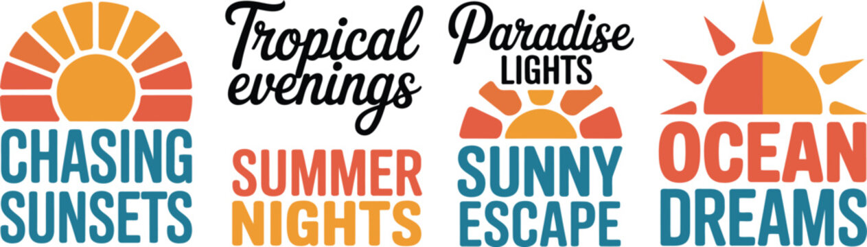 Modern summer graphic elements with retro typography and scenic illustrations for tropical evenings, ocean dreams, and chasing sunsets.