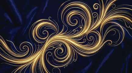 Elegant golden swirl pattern on dark blue background, luxury floral ornament with flowing lines and decorative curls © Saharia