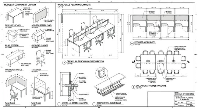 Technical architectural drawing set for modular office furniture system layouts and components