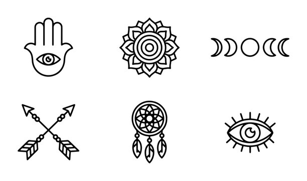 Mystical Symbols Vector Icons: Hamsa, Mandala, Moon Phases, Arrows, Dreamcatcher, Evil Eye