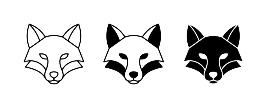Minimalist fox head logo set, geometric animal face icons, black and white wildlife vector art