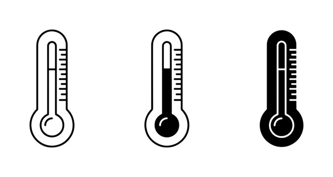 Minimalist thermometer icon set, black and white temperature gauge vectors, medical climate tools