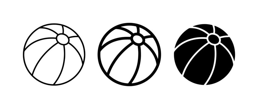 Minimalist beach ball icons, 3 vector summer toy symbols, black line and silhouette beach balls