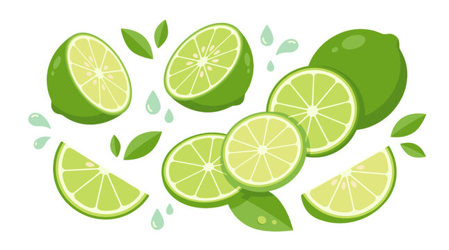 Flat vector set of whole and sliced green limes