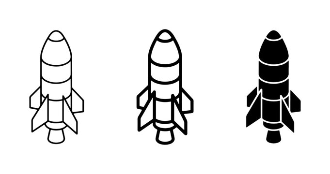Isometric rocket ship icon set, 3 space shuttle vector elements, black and white startup symbols