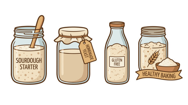 Set of sourdough starter and yeast jar icons for baking