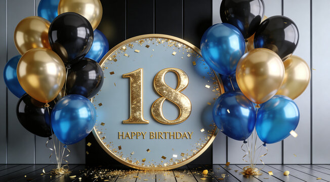 Elegant 18th Birthday Celebration with Gold and Blue Balloons