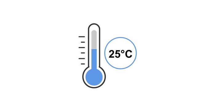 Thermometer Temperature Indicator 25 Degrees Celsius Animation On White Background. Measurement From 0 To 45  &deg;C High Temperature Animated Value. 