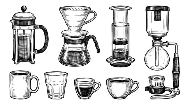 Hand drawn collection of manual coffee brewing equipment