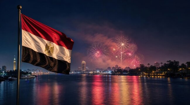 Egypt flag waving by Nile river with fireworks celebration for Revolution Day