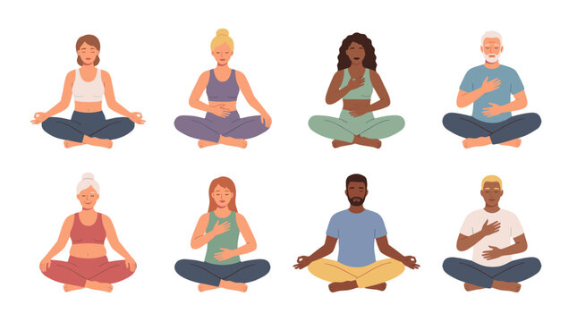 Set of diverse men and women meditating in seated yoga poses