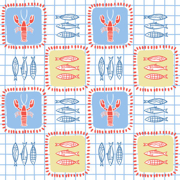 Cute scandinavian seamless pattern with hand-drawn pastel fish on a yellow checkered background.