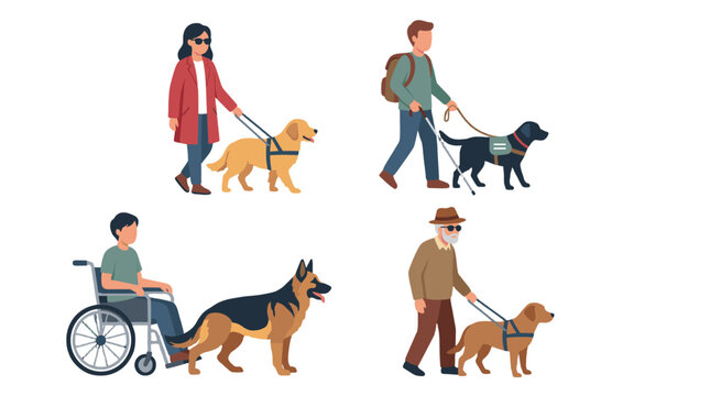 Set of people with guide and assistance dogs in flat style