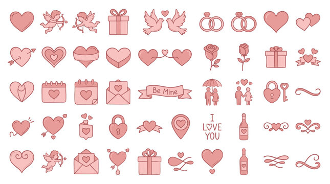 Set of pink Valentine icons with hearts, gifts, rings and cupid