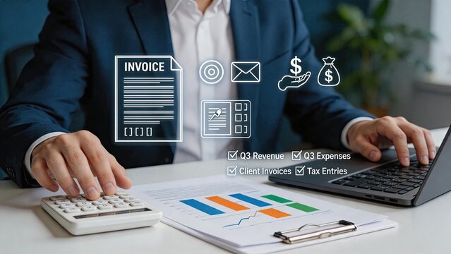 Accountant calculating quarterly revenue and expenses on laptop with invoice document and financial charts for tax entry analysis