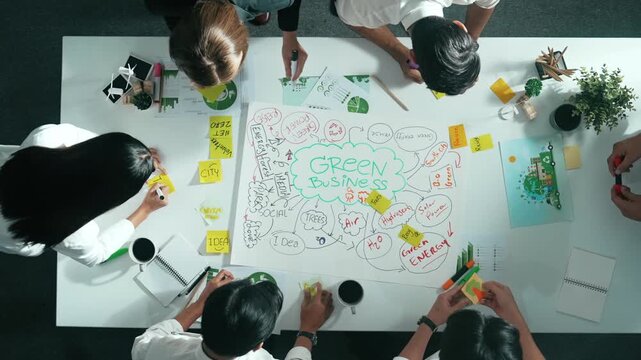 Top view of professional business team working together to brainstorm environmental idea by using mind map. Aerial view of smart manager talking and discussing about sustainable energy. Alimentation.