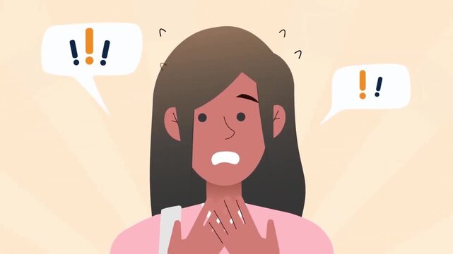Shocked Young Woman Looking at Camera with Surprised Expression, Exclamation Marks Speech Bubbles, 2D Animated Concept Loop