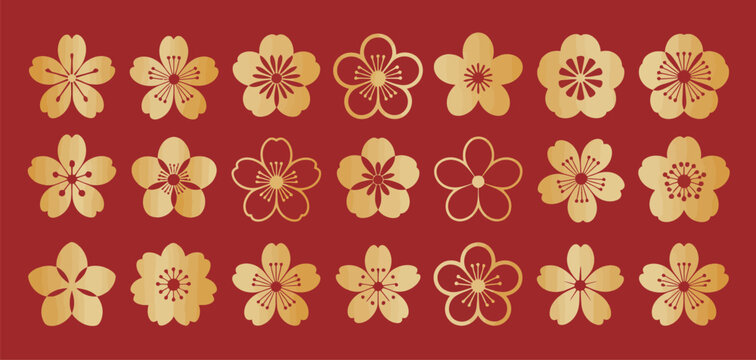 sakura floral icons gold cherry set on red background vector