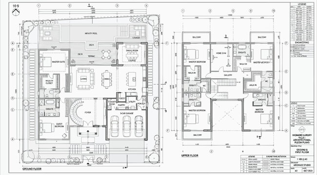 Architectural floor plan of a luxury villa with ground and first floor layouts