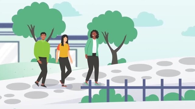 People Walking and Jogging in Clean City Park Pathway, Green Environment and Outdoor Activity, 2D Cartoon Loop