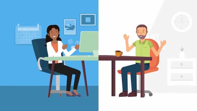 Split Screen of Woman Working on Computer and Man Sitting at Dining Table, Remote Life Split Screen, 2D Animation