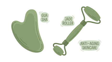 Green gua sha stone and jade roller skincare set illustration © Mark