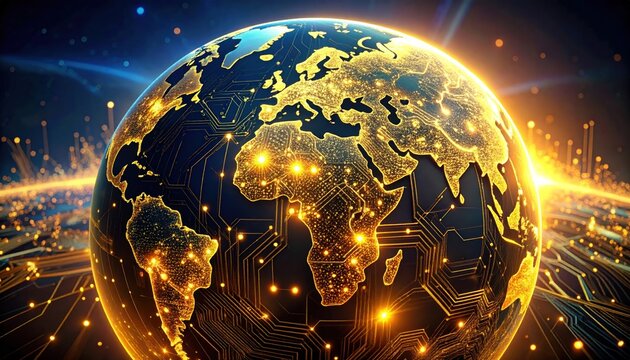 Illuminated globe with circuit board lines, digital representation of the world