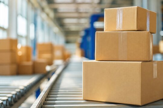 Stacked cardboard boxes on automated conveyor belt in bright modern logistics warehouse, efficient shipping and ecommerce delivery concept, selective focus