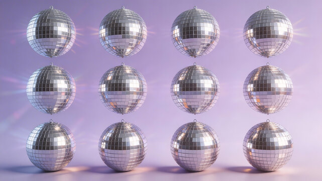 Mirror disco balls arranged in grid ideal for sleek commercial backgrounds and title sequences