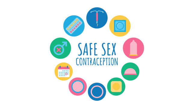 Safe sex contraception flat icons arranged in a circular layout