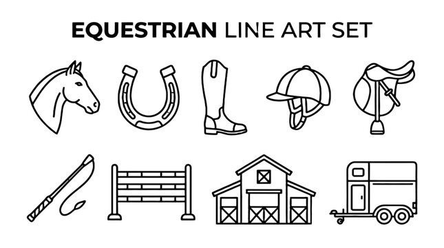 Equestrian line art icon set with horse and riding equipment