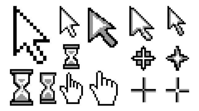 Pixel cursor icon set with arrows, hand pointers and hourglass