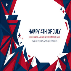 Fototapeta premium Abstract 4th of July Independence Day Background with Geometric Red White and Blue Low Poly Shapes, Patriotic American Celebration Poster Template with Stars and Modern Graphic Design Elements