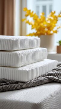 Three stacked white memory foam mattress toppers on a cozy knitted blanket with a blurred yellow floral arrangement in the background creating a calm bedroom ambianc