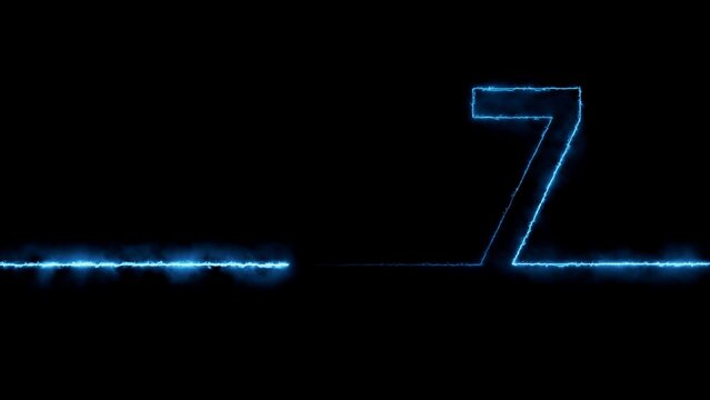 Glowing blue neon number seven formed by a continuous electric light line on a solid black background, for digital countdown, timer or modern, representing the number, seven in motion