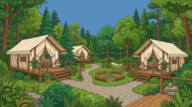 Cartoon vector illustration of luxury glamping site with elegant tents, wooden decks, forest surroundings, colorful outdoor tourism atmosphere, clean vector style