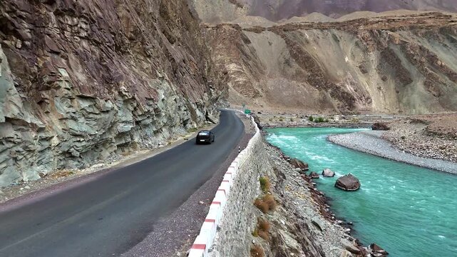 Himalayan Indus River Side Roads & Moving Black Car | Stunning Ladakh Landscape in 4K Cinematic Drone Aerial Views