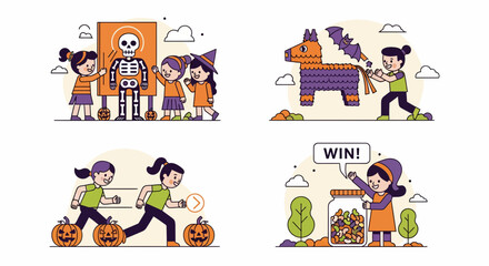 Fototapeta premium Happy children playing fun school Halloween games pinata pumpkin race skeleton puzzle win candy jar at autumn party